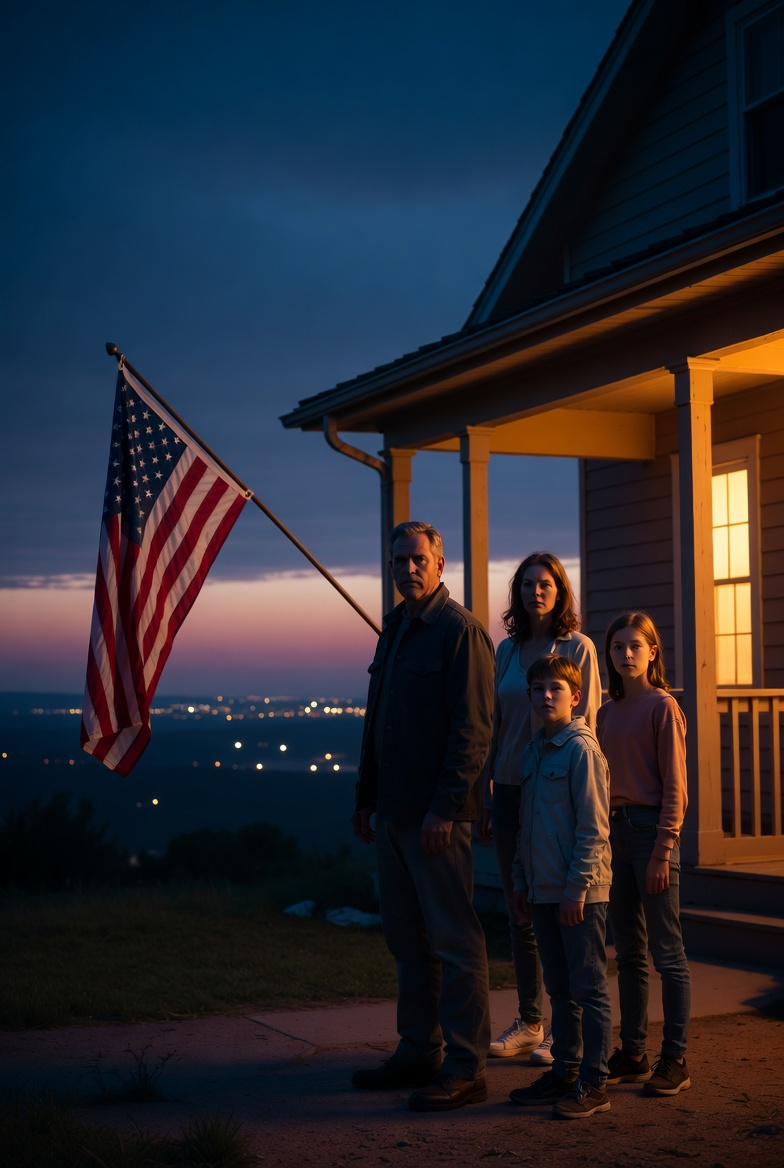 American family standing proudly with American flag